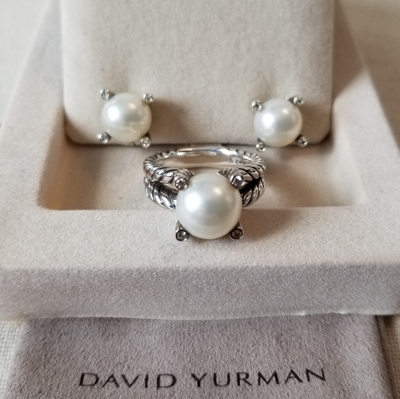 DAVID YURMAN Cable Pearl Diamonds Earrings & Ring - Picture 1 of 6